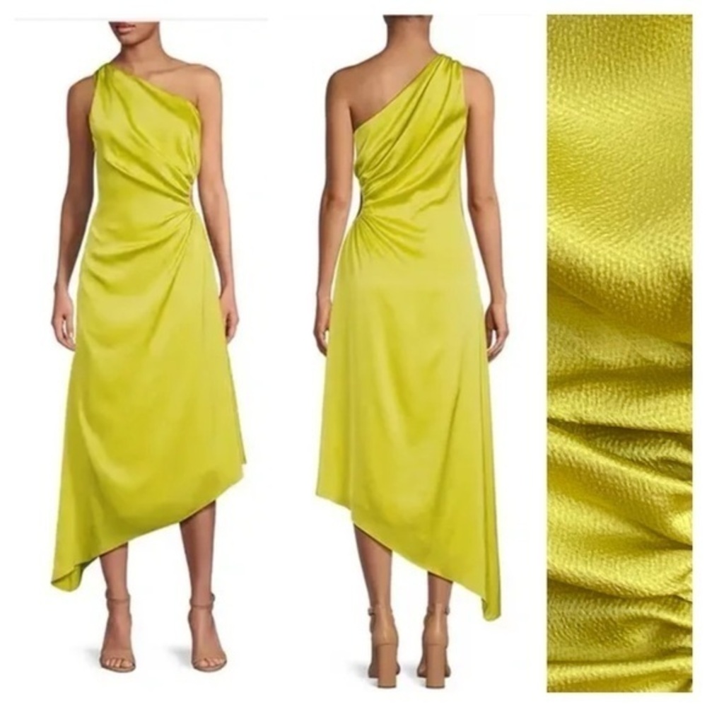 Gianni Bini Chartreuse Yellow Astrid One Shoulder Asymmetrical Midi Dress 8